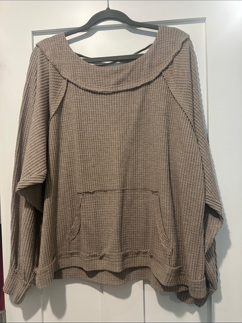 BKE Taupe Waffle Knit Off-Shoulder Pullover